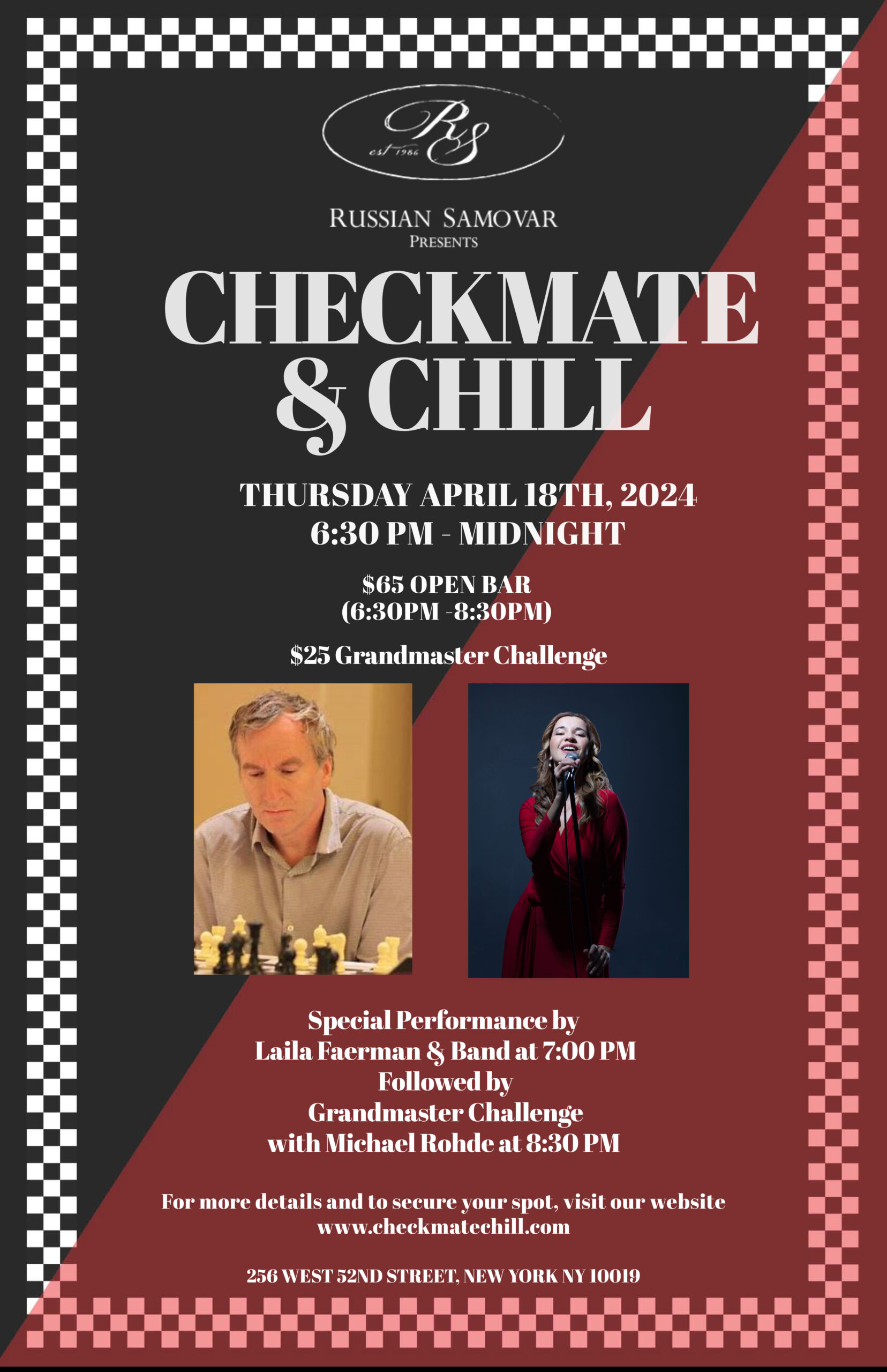 JOIN US ON APRIL 18TH FOR “CHECKMATE & CHILL,” A UNIQUE CHESS EVENT THAT PROMISES A NIGHT OF STRATEGY, MUSIC, AND FUN!
